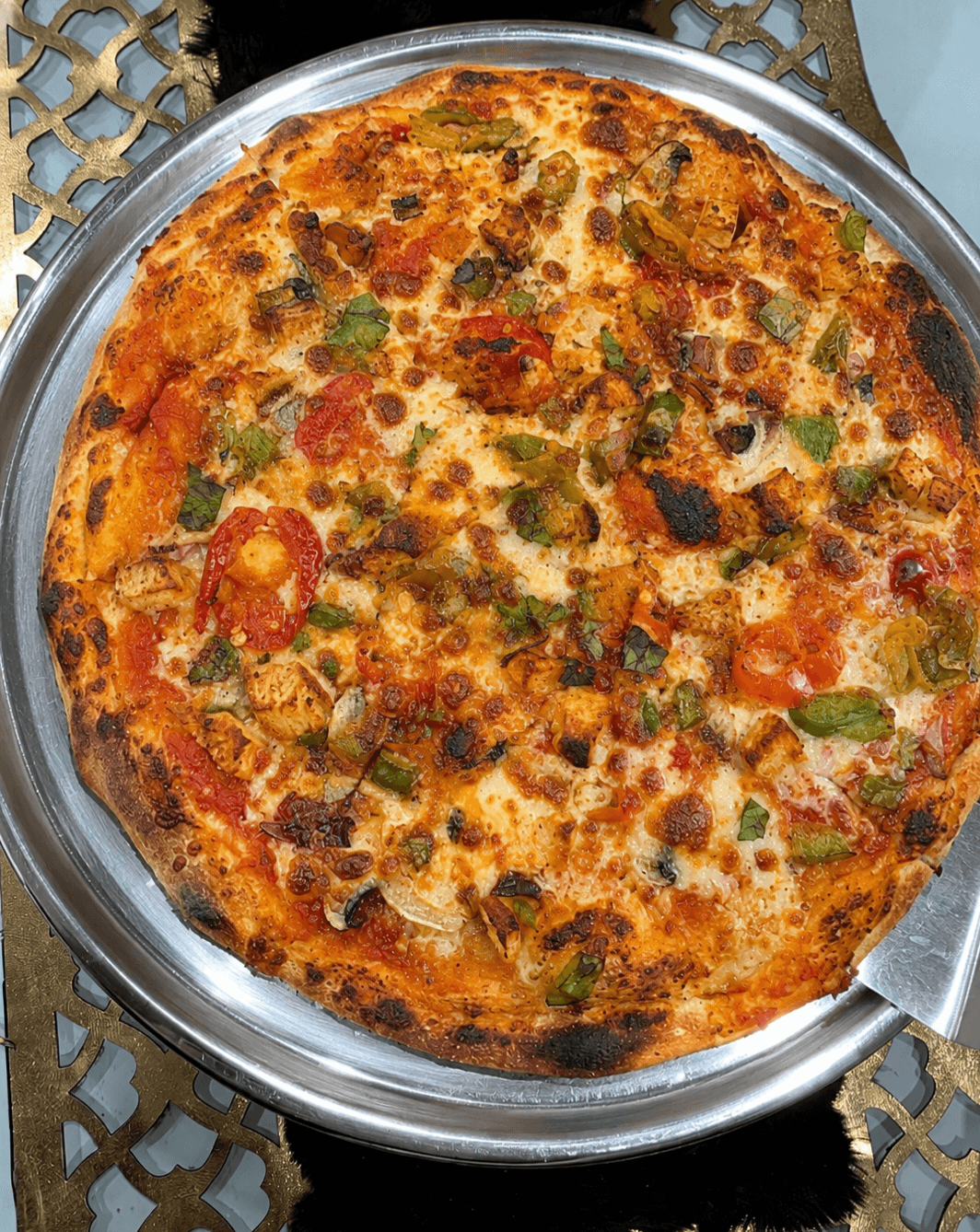Garden Veggie / Fiery Veggie — Mozzarella, hot-oil drizzle, hot pepperoni peppers, mushrooms, onions, bell peppers